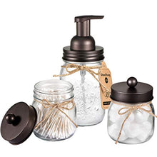Load image into Gallery viewer, Mason Jar Bathroom Accessories Set - Mason Jar Foaming Hand Soap Dispenser and Qtip Holder Set - Rustic Farmhouse Decor Apothecary Jars Bathroom Countertop and Vanity Organizer (Bronze)-Patent Pending: Home &amp; Kitchen