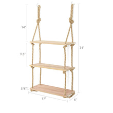Load image into Gallery viewer, JayDee Decorative Hanging 3 Tier Natural Wood Floating Wall Shelves with Jute Rope-Home Decor Organizer for Any Room!