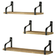 Load image into Gallery viewer, Love-KANKEI Floating Shelves Wall Mounted Set of 3, Rustic Wood Wall Storage Shelves for Bedroom, Living Room, Bathroom, Kitchen, Office and More Carbonized Black