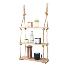Load image into Gallery viewer, JayDee Decorative Hanging 3 Tier Natural Wood Floating Wall Shelves with Jute Rope-Home Decor Organizer for Any Room!