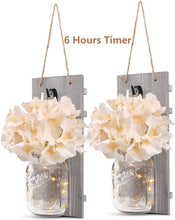 Load image into Gallery viewer, GBtroo Rustic Wall Sconces - Mason Jars Sconce, Rustic Home Decor,Wrought Iron Hooks, Silk Hydrangea and LED Strip Lights Design 6 Hour Timer Home Decoration (Set of 2)