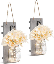 Load image into Gallery viewer, GBtroo Rustic Wall Sconces - Mason Jars Sconce, Rustic Home Decor,Wrought Iron Hooks, Silk Hydrangea and LED Strip Lights Design 6 Hour Timer Home Decoration (Set of 2)