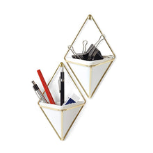 Load image into Gallery viewer, Umbra Trigg Hanging Planter Vase &amp; Geometric Wall Decor Container, Small, White/Brass