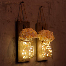 Load image into Gallery viewer, GBtroo Rustic Wall Sconces - Mason Jars Sconce, Rustic Home Decor,Wrought Iron Hooks, Silk Hydrangea and LED Strip Lights Design 6 Hour Timer Home Decoration (Set of 2)